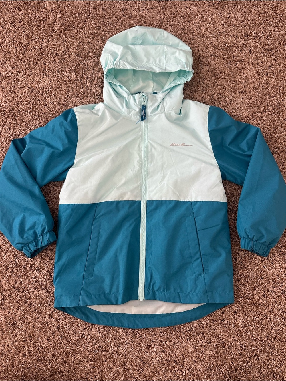 Eddie Bauer Kids Teal and Light Aqua Hooded Rain Jacket